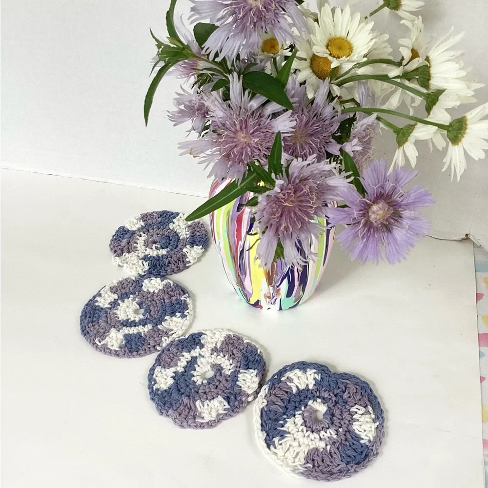 Coaster Set Hand Crafted Purple White Cotton Crochet Bar Cart Essentials